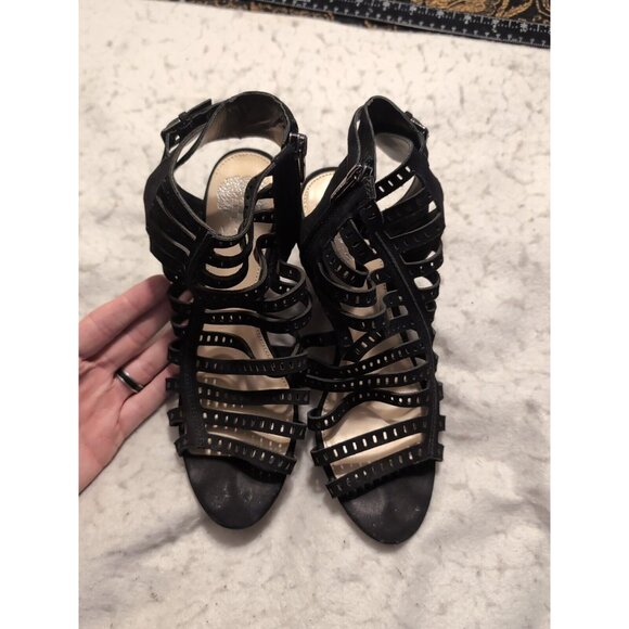 Vince Camuto VC EVALINA Black Nubuck Open Toe 3" Heel Side Zip Size 8 - Picture 2 of 9